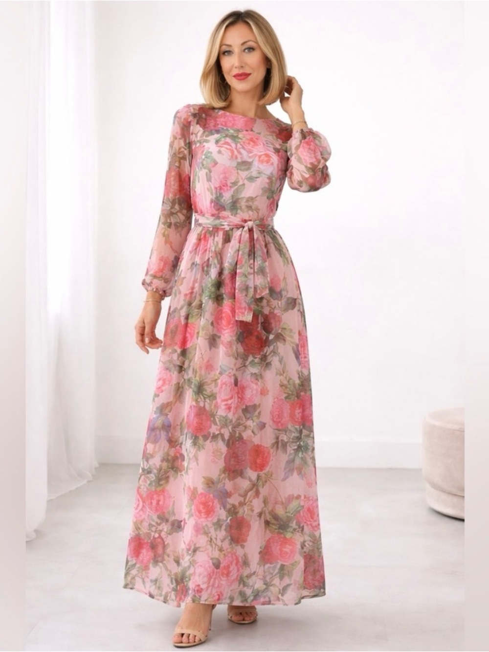 Pink Floral Chiffon Maxi Lined Dress | Long Sleeve Tie Waist Romantic